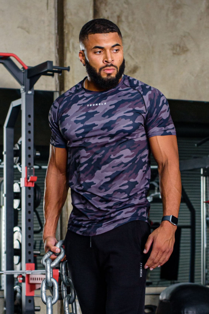 YoungLA Camisas manga corta línea 440 performance D82X436 ropa camuflaje negro hombres