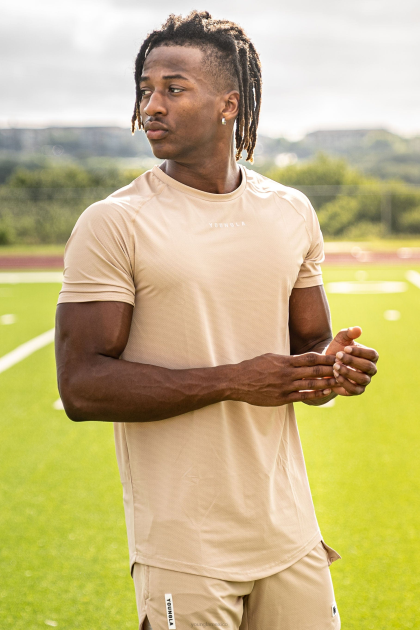 YoungLA Camisas manga corta línea 440 performance D82X437 ropa beige hombres