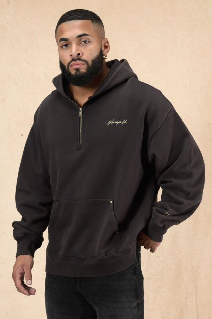 YoungLA sudadera con capucha y cremallera de un cuarto con remaches 509 D82X796 ropa lavado negro hombres
