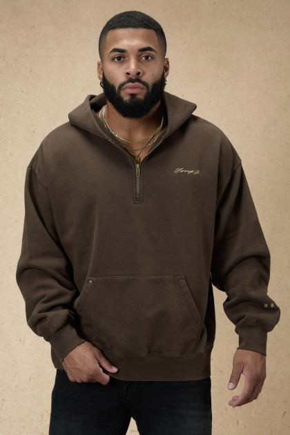 YoungLA sudadera con capucha y cremallera de un cuarto con remaches 509 D82X797 ropa lavado marrón hombres